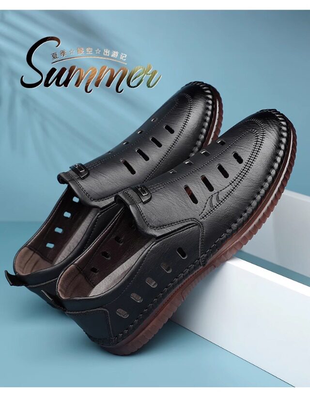 Giày sandal nam da lười khoét lỗ đế bằng chống trượt thoáng khí — Màu kaki, màu đen chi tiết 3