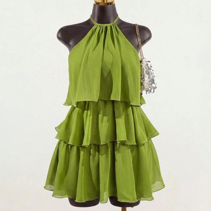 Halter neck chiffon layered cake skirt dress, pure desire style ruffled sleeveless off-shoulder vacation dress, women's clothing wholesale