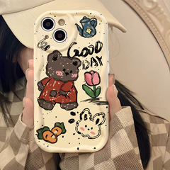 塗鴉棕色小熊適用蘋果15promax奶白14 15手機殼13pro卡通11 12pro