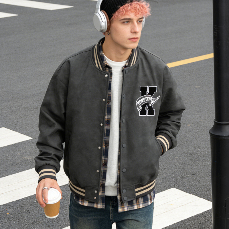 Men's PU Leather Bomber Jacket Grey Washed Leather Embroidered Loose American Vintage Autumn Winter College Baseball Suit Coat