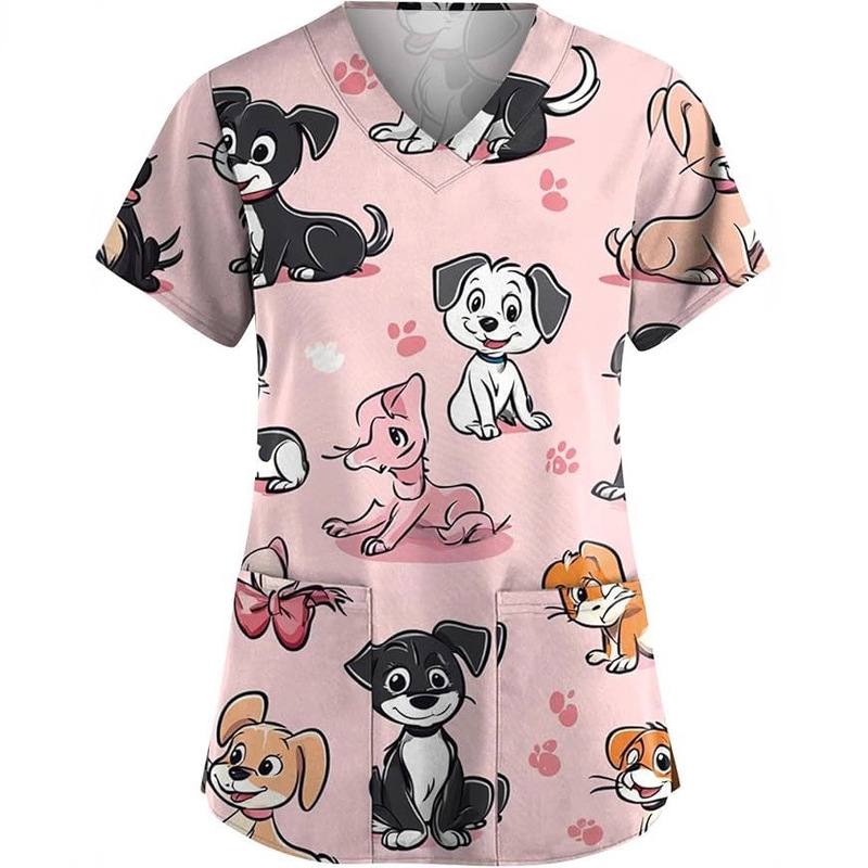 Women's Animal Print Top Short Sleeve Cartoon Pattern V Neck T-Shirt Nurse Clothes