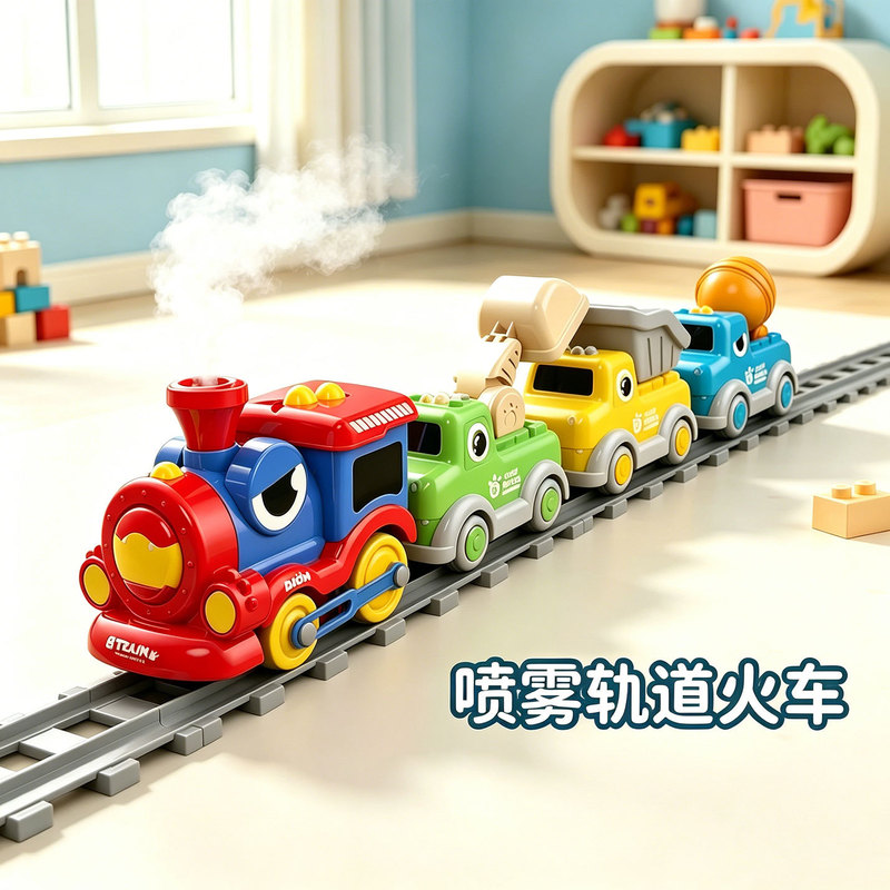 Cross-Border Smoke Steam Macaron Track Train Children's Magnetic Cartoon Car with Cool Lights Boys' Gift