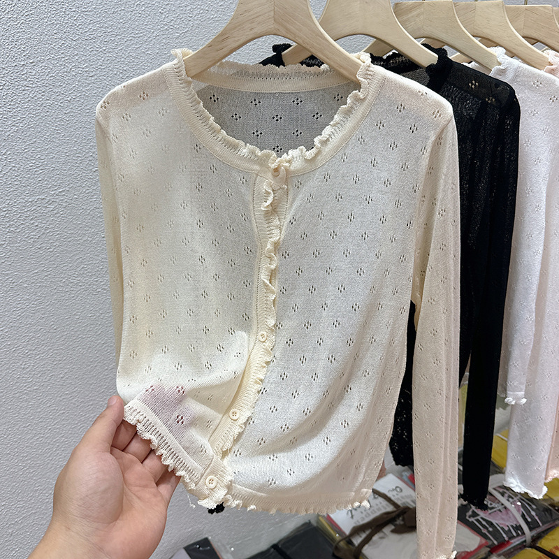 Ruffled Edge Design Ice Silk Hollow-Out Sun-Protective Knit Cardigan for Women, Summer Shawl to Pair with Slip Dress Top