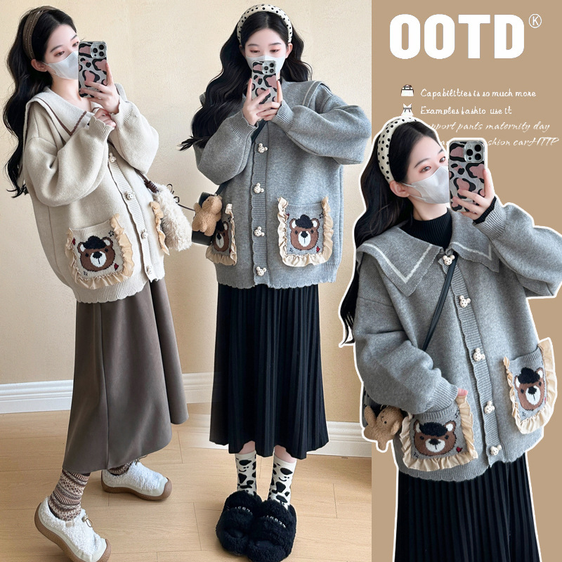Maternity 2024 Autumn and Winter New Korean-style Loose Thickened Pregnant Women Loose Cardigan Sweater Pleated Skirt Two-piece Set