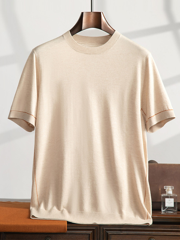 夏の绢糸メンズ半袖カジュアルスーツ薄い通気性ストレートパンツファッションゆるい純色丸襟tシャツ|undefined