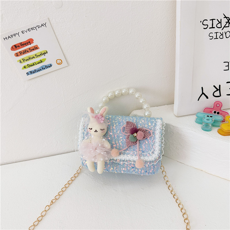 Nuevos niños estilo Chanel estilo bolsa moda perla bolso de hombro de dibujos animados muñeca bolsa de mensajero cadena