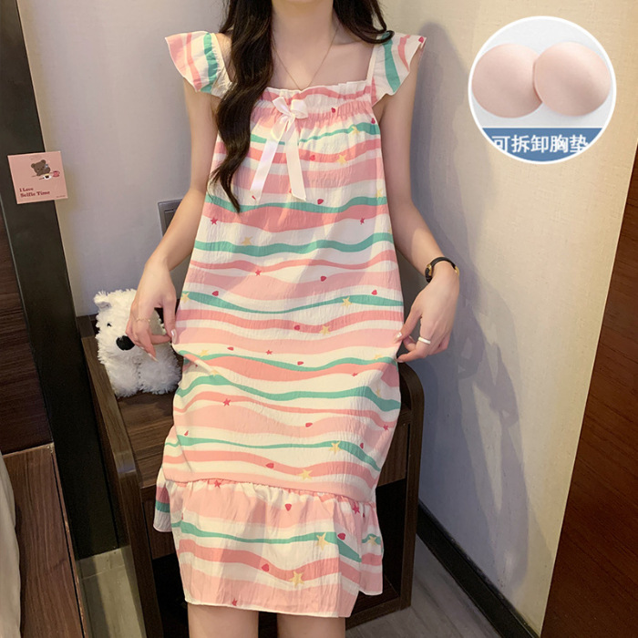 2024 con cojín de pecho ropa para el hogar nubes de verano algodón princesa pijama de viento delgado dulce y sexy vestido de pijama de la niña