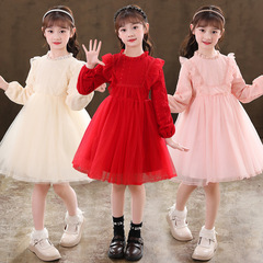 Children's Spring Dress New Red Lace Princess Dress Birthday Autumn/Winter Fleece Formal Gown Girls Pom-pom Dress