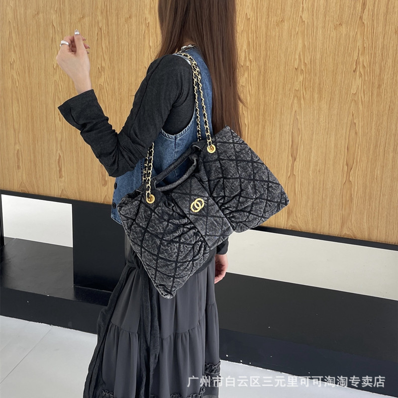 小香风菱格水洗牛仔布蝴蝶结腋下包2025新款高质感百搭单肩手提包|undefined