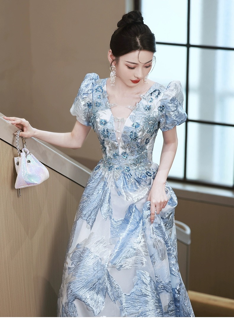 Đầm dạ hội ôm body màu xanh cao cấp, tay dài, phong cách thanh lịch — Màu xanh lam tiên khí chi tiết 7