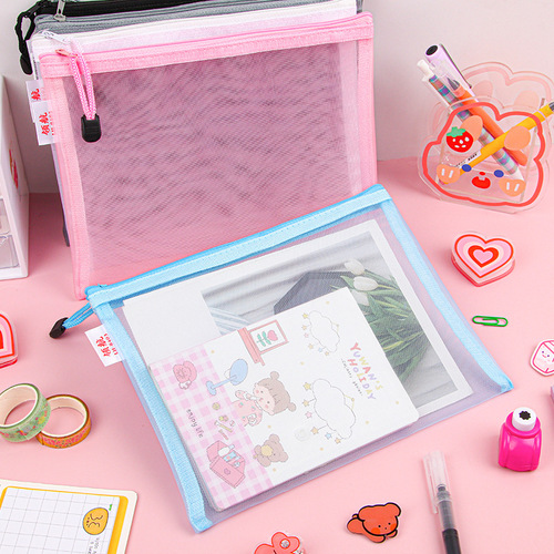 Transparent document bag office large capacity nylon mesh durable information bag A4 student portable zipper storage bag