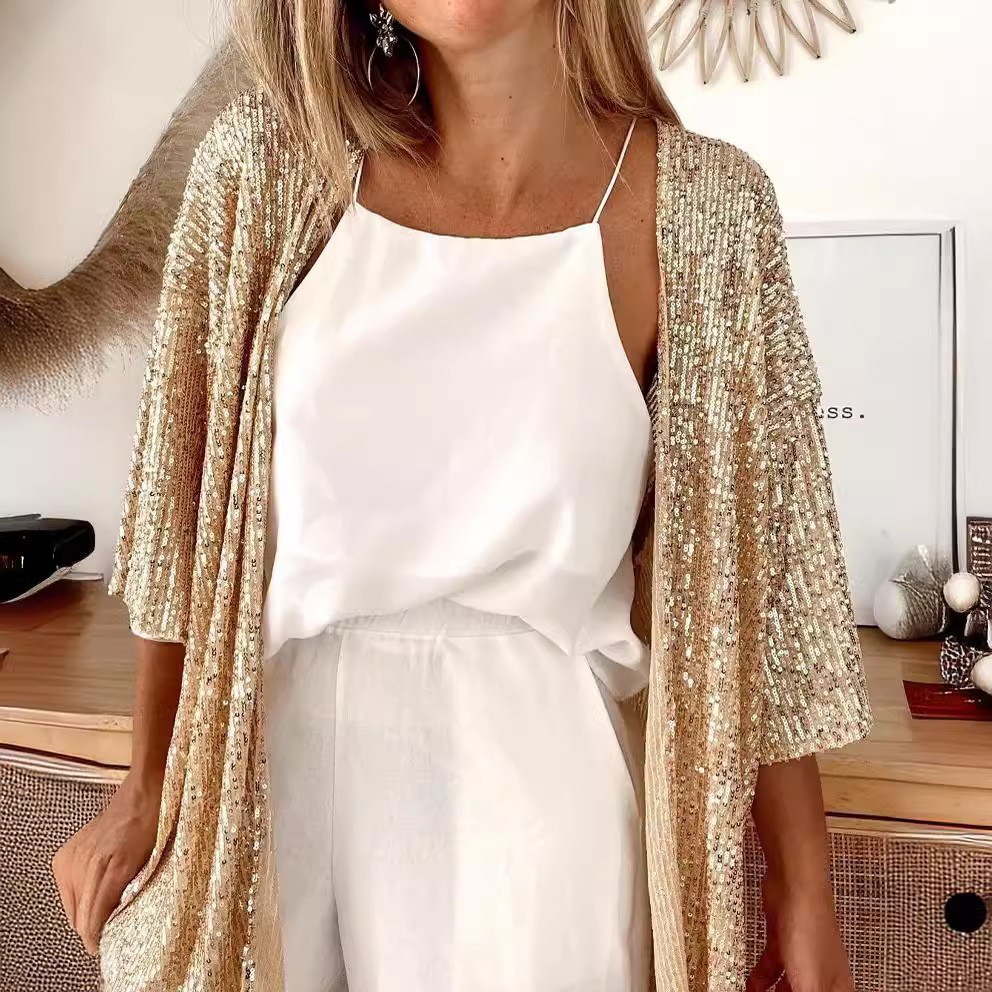 Chaqueta Corta Holgada con Lentejuelas para Mujer con Cuello en V para Otoño image 1