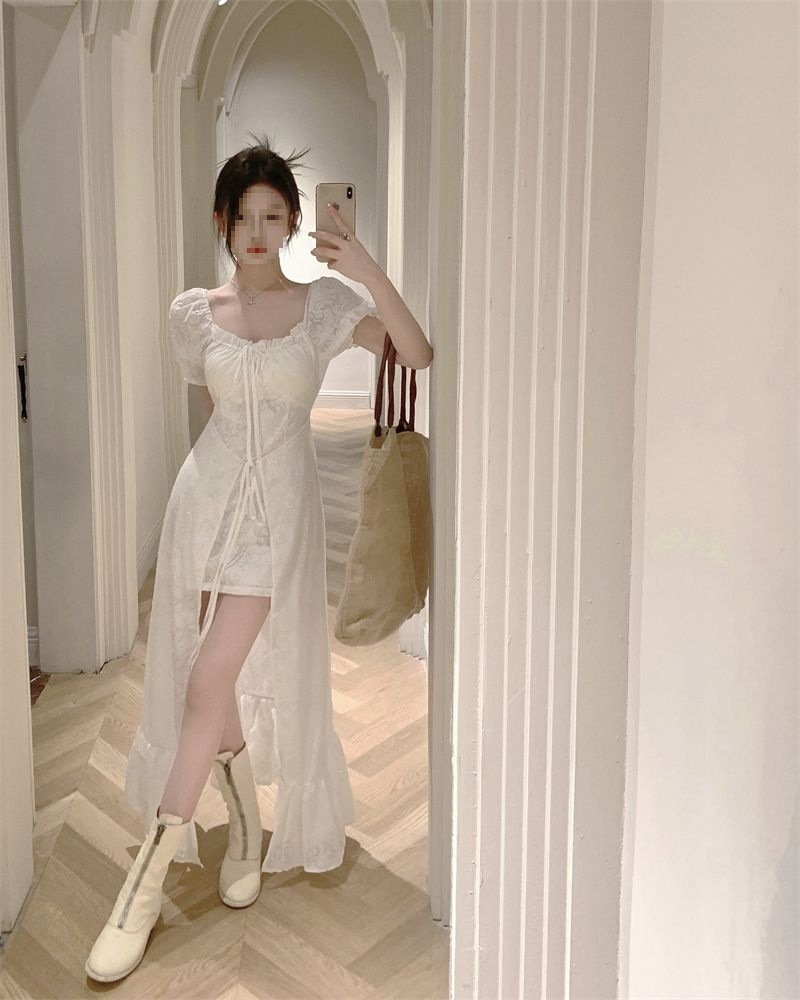 Váy dài cổ vuông tay ngắn thắt eo phong cách Pháp mùa hè — màu trắng chi tiết 10
