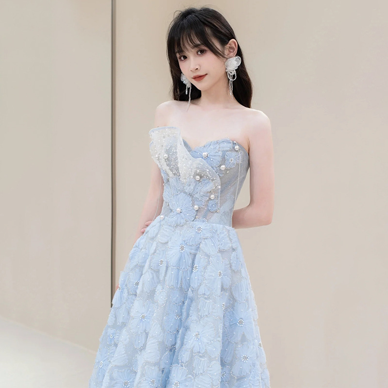Vestido de Noche Azul Claro de Lujo sin Tirantes, Otoño 2025, Nuevo Estilo de Moda, Vestido de Presentadora de Pasarela