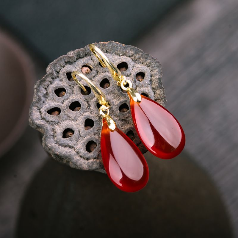 红色水滴玉耳坠气质耳环纯银色饰防过敏水滴女仿真玉仿真玉