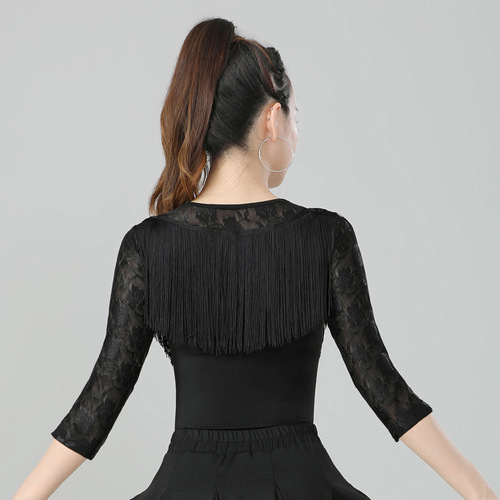 National Standard Latin Dance Uniform for Adult Women, New Style Square Dance Clothes, Modern Dance with Fringes, Practice Suit for Jitterbug Dance, Top