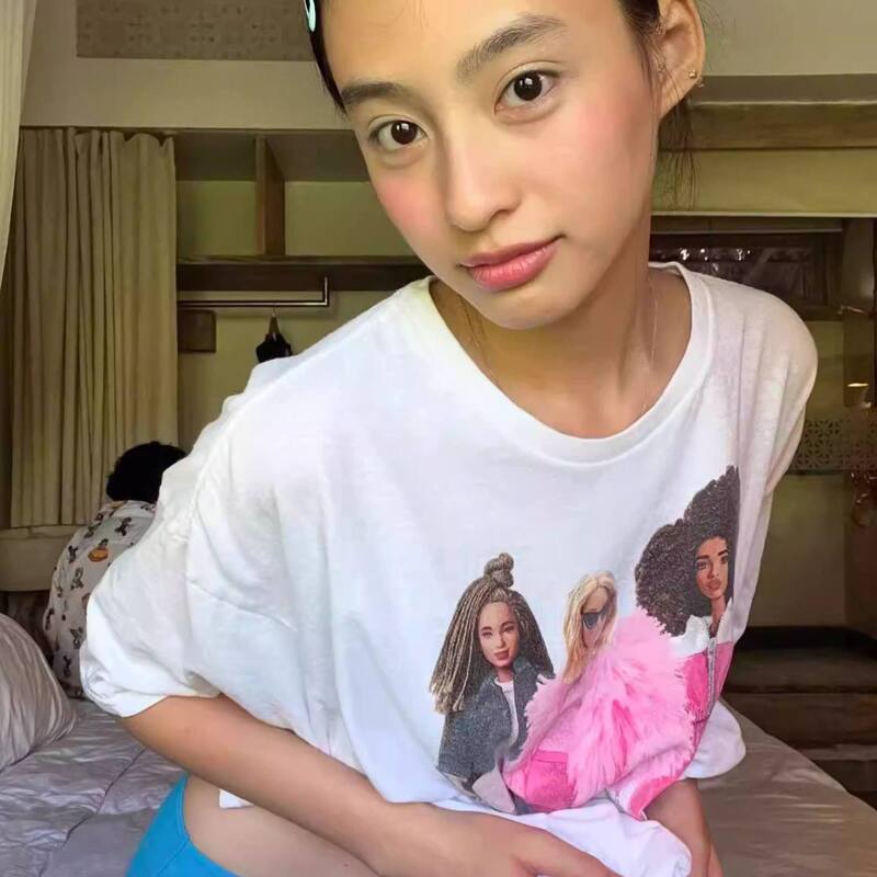100% Pure Cotton Korean Dongdaemun 2026 New Short-Sleeved Women's T-Shirt Barbie Doll Print Slimming American-Style Top