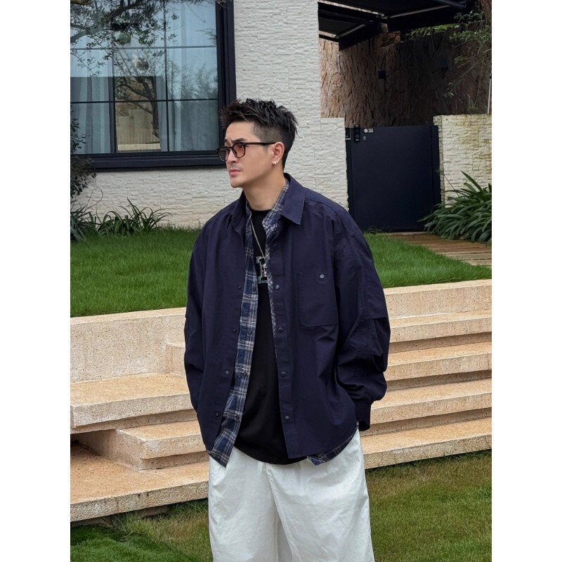 Autumn Versatile Niche Faux Two-Piece Design Plaid Shirt Outerwear Men's Long-Sleeve Polo Collar Jacket Stylish Top