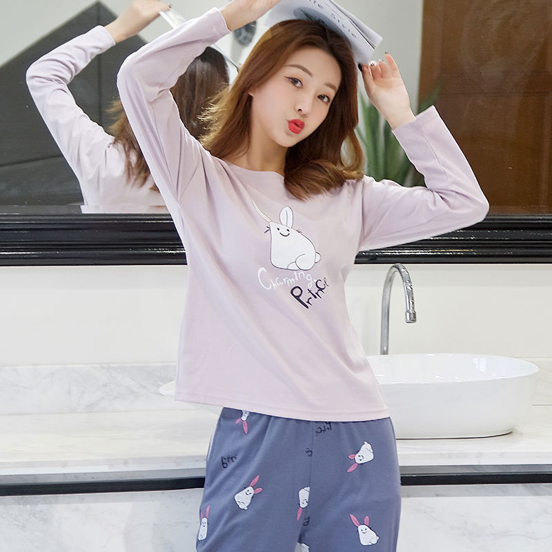 Korean-style Pajamas Women's Spring and Autumn Cute Cartoon Long-sleeved Trousers suit Comfortable Skin-friendly Student Petite Home Clothes