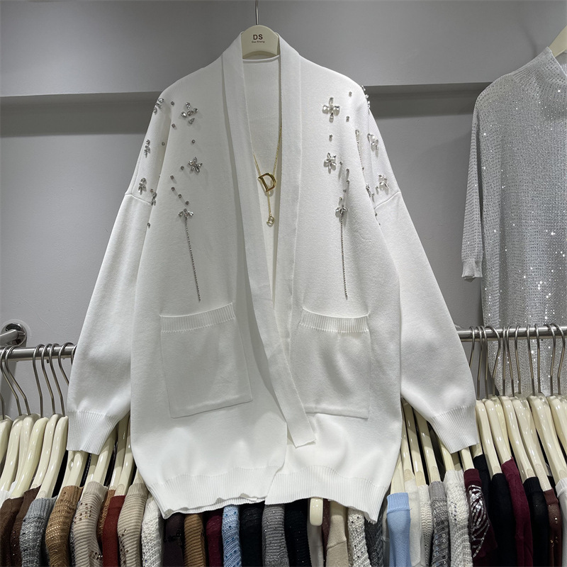 European and American Style Heavy-Duty Rhinestone V-Neck Ice Silk Knit Cardigan for Women, Spring and Summer Mid-Length Tie-Waist Outerwear Top European and American Style Heavy-Duty Rhinestone V-Neck Ice Silk Knit Cardigan for Women, Spring and Summer Mid-Length Tie-Waist Outerwear Top