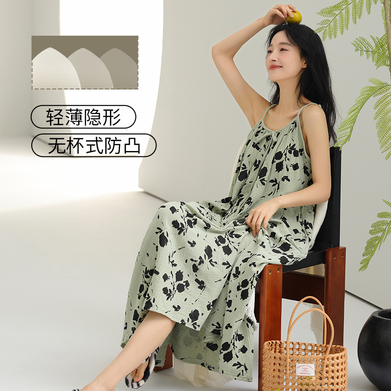 Pijama de algodón para mujeres cojín de pecho sexy pijama de suspensión 2025 nuevo vestido casual medio largo ropa para el hogar