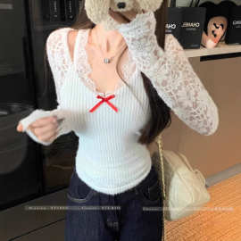 蕾丝拼接v领长袖针织T恤女秋季修身紧身内搭白色短款打底上衣