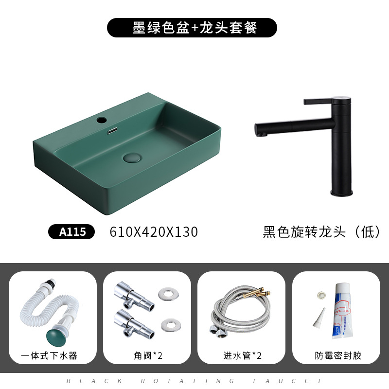 Mesa nórdica lavabo hogar cerámica cuadrado verde oscuro lavabo gran tamaño lavabo único baño