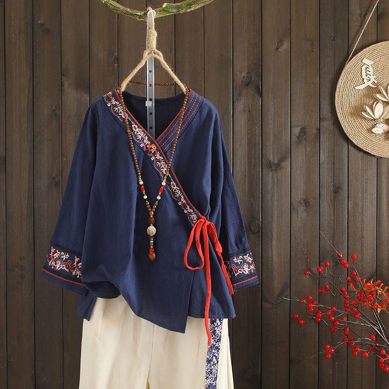 中国风女装刺绣文艺棉麻宽松衬衫女套头系带春夏茶服上衣女
