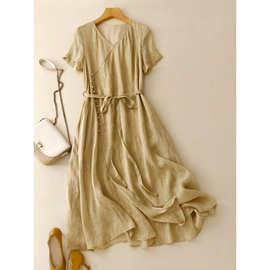 2025年夏季新款棉麻国风改良旗袍斜襟连衣裙复古新中式裙子女装