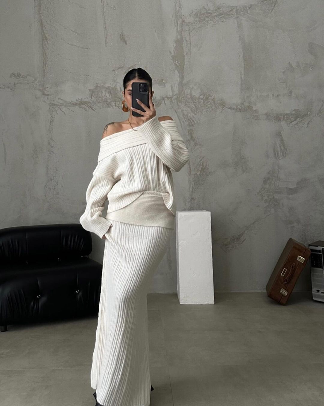 ​Damenmode, schulterfreier Strickpullover, zweiteiliges Set, langärmelig, lockere Passform, einfarbig, lässiges Outfit​_voghion.com