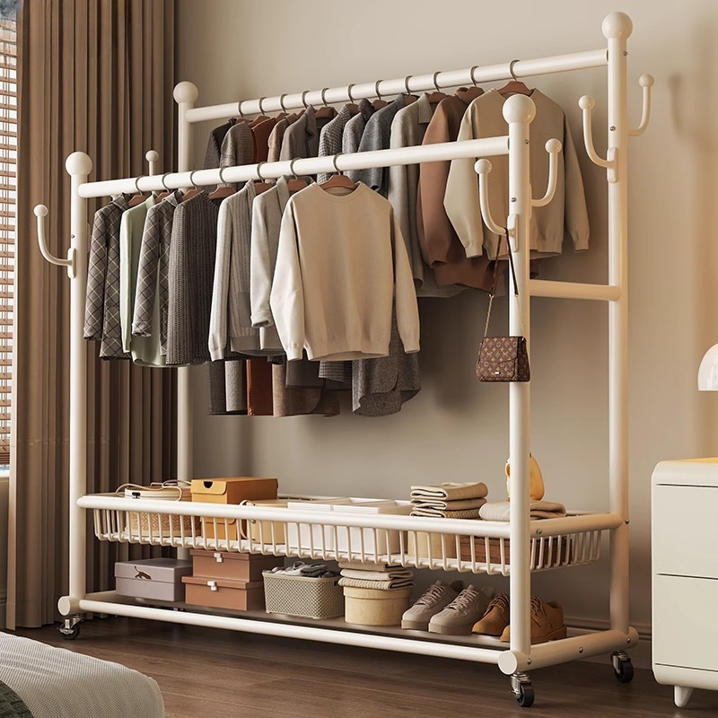 Clothes Rack for Bedroom, Floor-Standing, Household, Indoor, Double-Rod Clothes Drying Rack, Movable, Multi-Functional Coat Rack