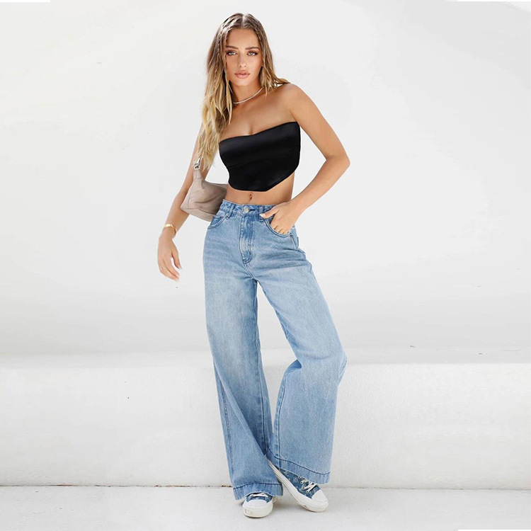 European and American 2023 high waist loose wide leg women's jeans Amazon mopping jeans new one-piece delivery