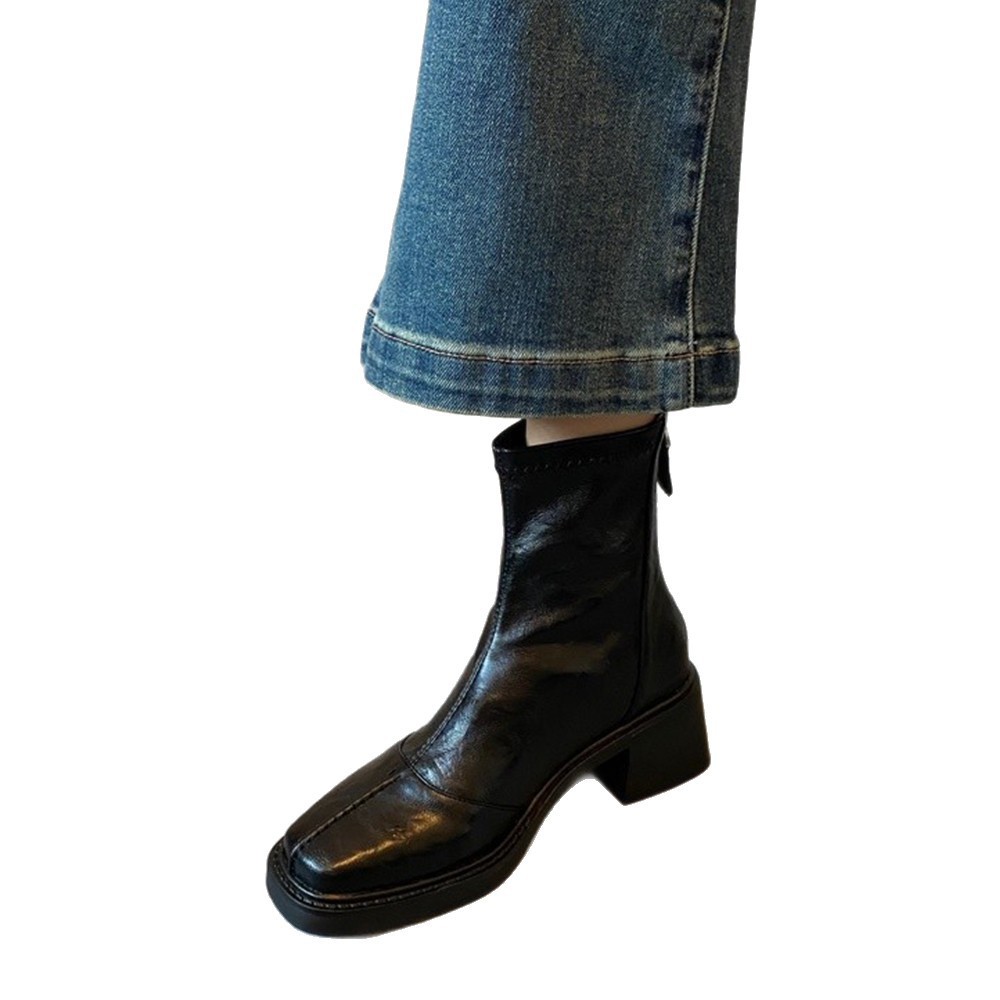 Cowhide Genuine Thick French Style Short For Women 2025 New Autumn Winter High Heel Stretch Slim Boots_vogvips.com