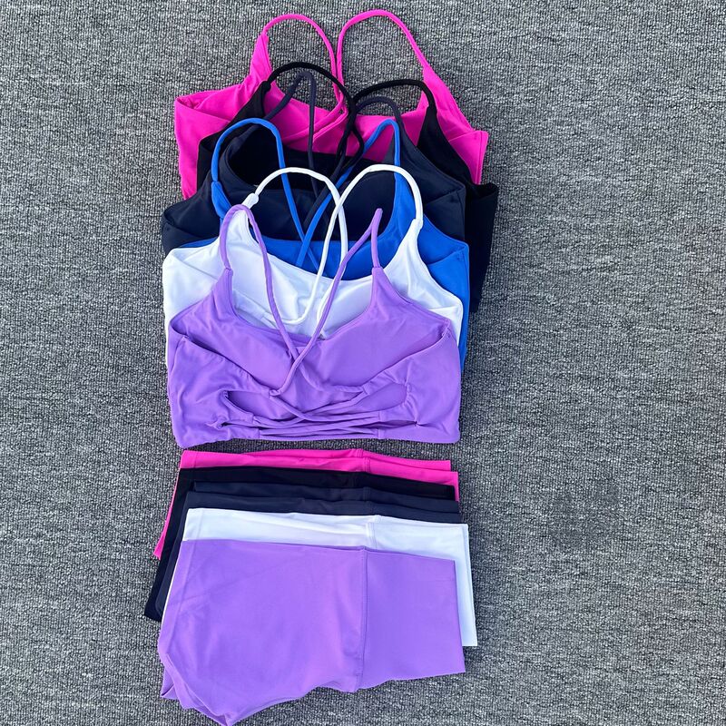 Nude-Feel Thin Strap Cross-Over Sports Bra Yoga Shorts Set for Women, Fashionable Sports Underwear, Fitness Bra Tank Top