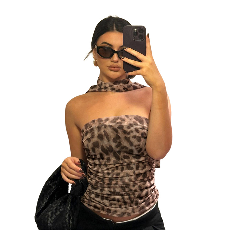 112g Weight Polyester Fabric Type Short Top Length Bandeau Tops Type Holiday Occasion Strapless Neckline Slim Fit Type Leopard Pattern Summer Season Women's Gender Backless Design Sexy, Streetwear Style Wholesale Women's Sexy Streetwear Leopard Backless Tank Tops 20