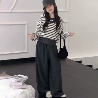女童时髦秋装套装2026新款大童韩版休闲条纹卫衣休闲装时尚三件套