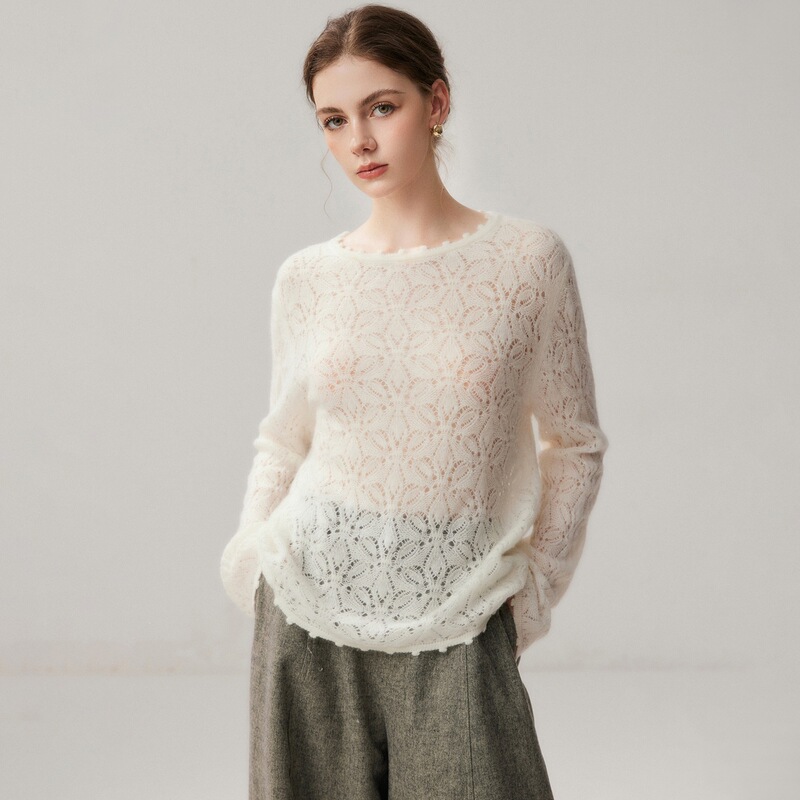 Women's cashmere sweater with cutout design, sequin trim, round neckline, perfect as a base layer for autumn and winter, new fashion style, versatile, solid color, and elegant top Women's cashmere sweater with cutout design, sequin trim, round neckline, perfect as a base layer for autumn and winter, new fashion style, versatile, solid color, and elegant top