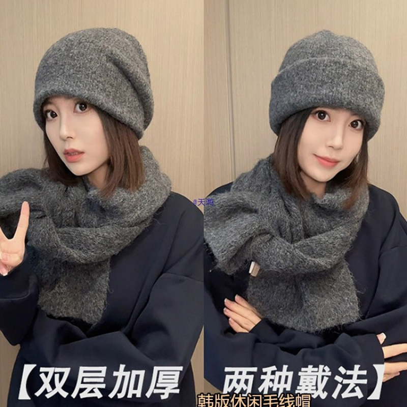 韩版休闲双层加厚毛线帽子女秋冬色保暖堆堆帽护耳显脸小包头帽