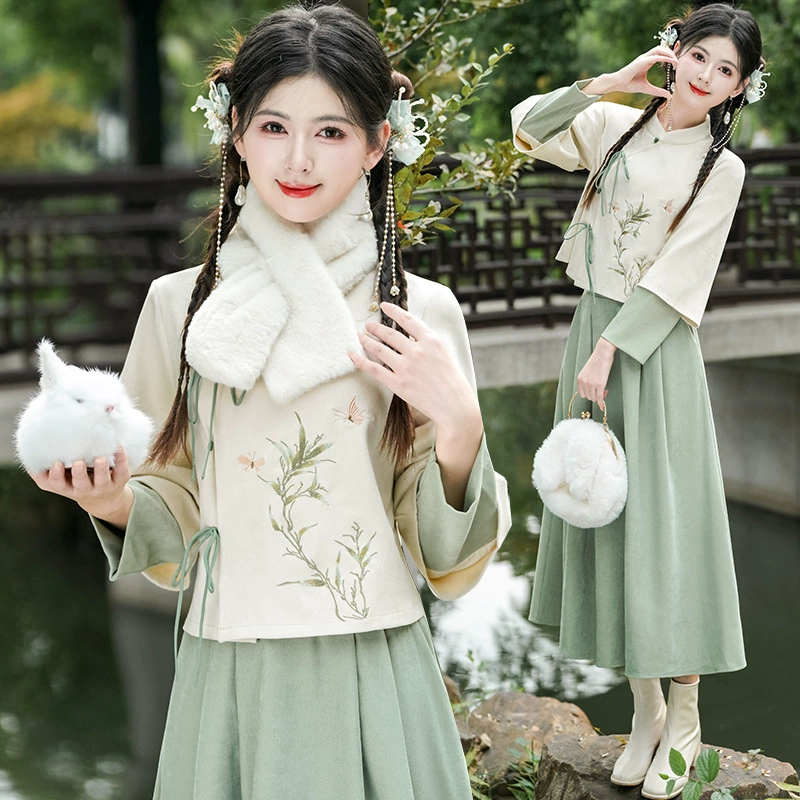 Ethnic long-sleeve, skirt, set, Chinese style, ethnic style, with embroidery