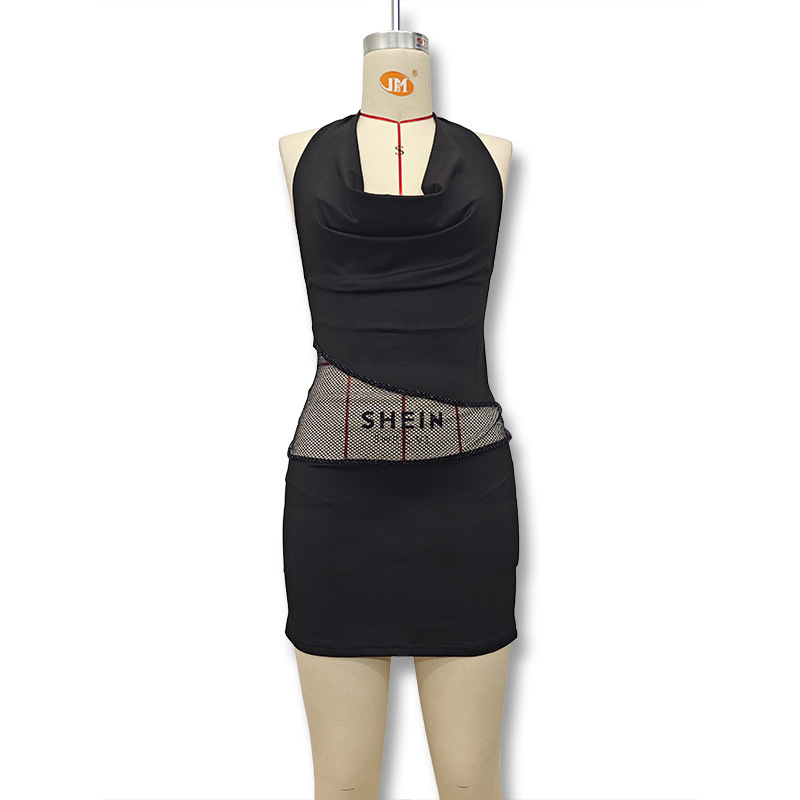 2025 primavera nuevos productos transfronterizos de mujeres europeas y americanas calientes estilo sexy correa de malla empalmada vestido de cuello image 1