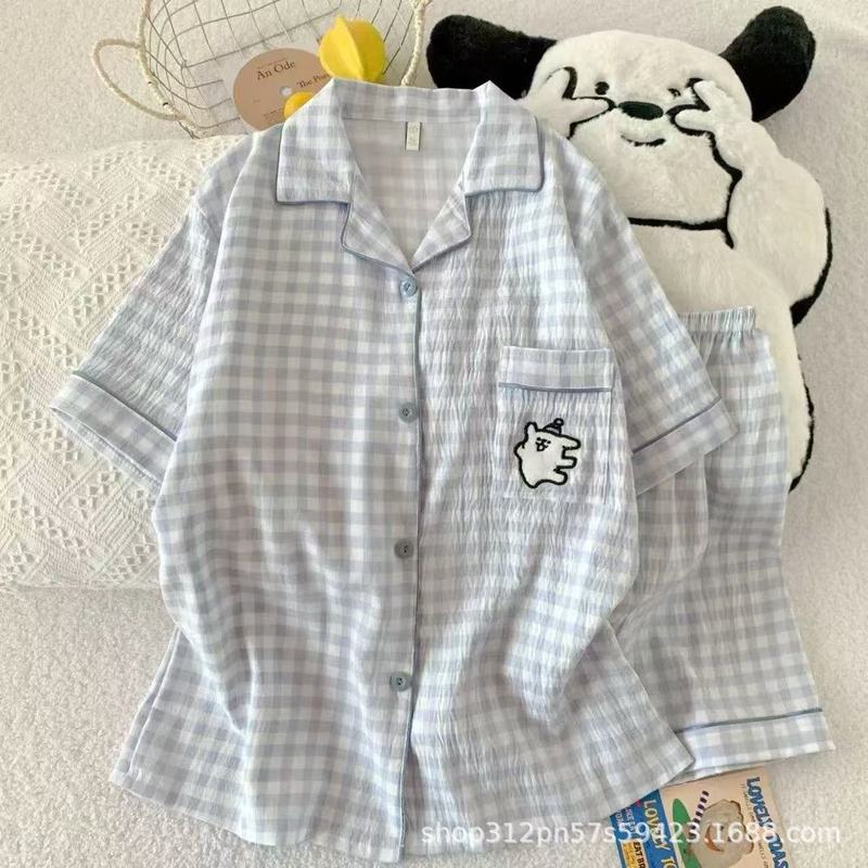 云朵棉短袖睡衣女夏季简约桃心印花夏天可外穿家居服套装跨境批发|undefined