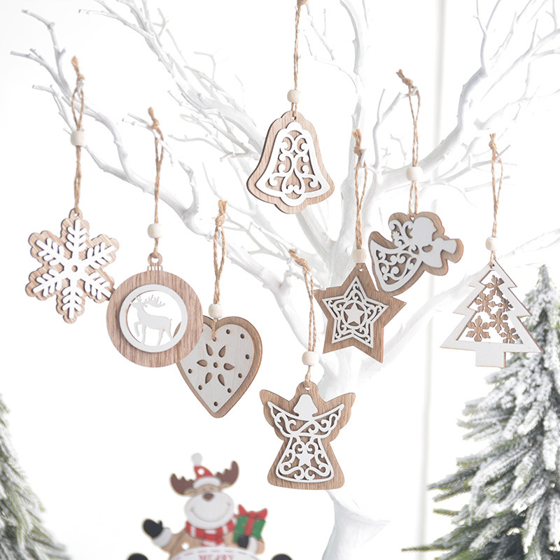 Christmas decoration supplies, Christmas wooden hanging ornaments, laser engraved double-layer white tree decoration, Christmas tree snowflake hanging ornaments