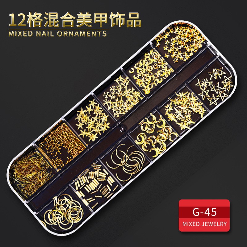 Juego completo transfronterizo de 12 compartimientos de remaches de metal, diamantes de imitación, Xingyue, piezas de concha de diamantes, accesorios para uñas, adornos para uñas