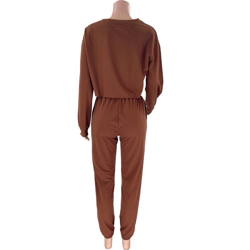 Autumn Winter Solid Color Round Neck Pullover Cropped Long Sleeve Sweaters Women's Clothing Casual Drawstring Trousers Suit