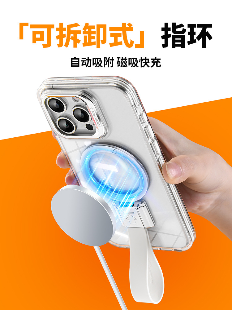 Ốp lưng iPhone 16 Pro Max chống rơi kèm dây đeo cổ tay và giá đỡ từ tính — Một hạt có màu đen, Một hạt có màu trắng, Một hạt màu cam chi tiết 2