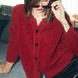 小禾原单~100纯山针织开衫女圆领加厚短款新年红毛衣宽松针织外套