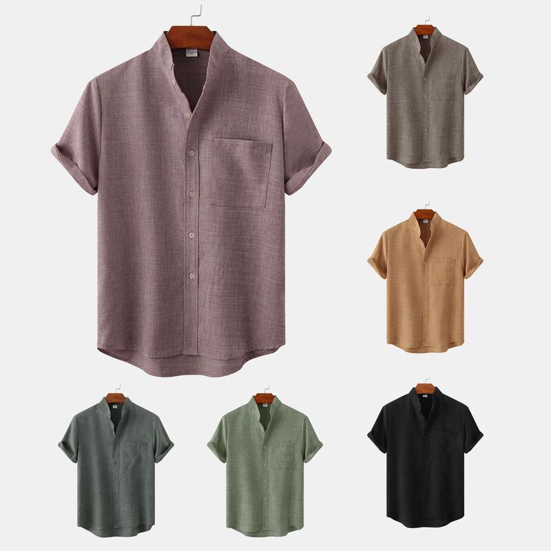 2025 Summer New Men's Wish Amazon AliExpress Hot Supply Short Sleeve Solid Color Cotton Linen Men's Shirt