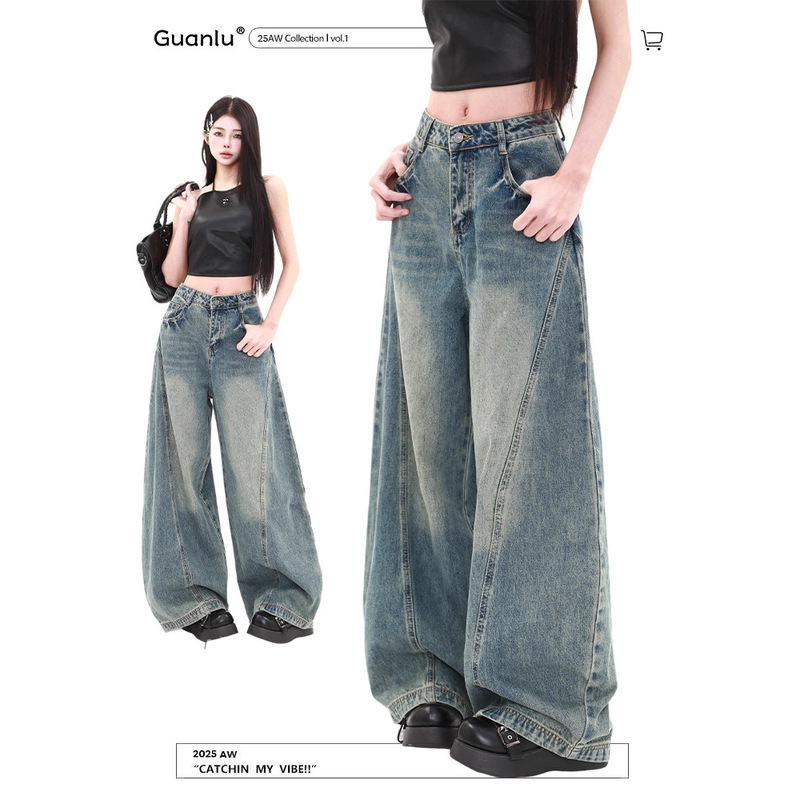 American High-Waisted Scimitar Jeans for Women, Loose Slimming Scimitar Pants for Women, Denim Wide-Leg Pants with Drape, Women's Autumn