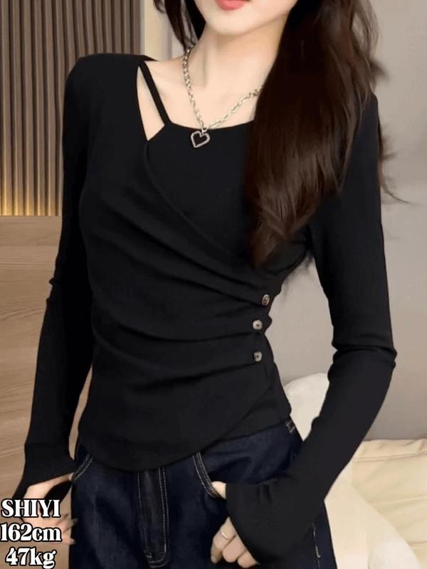 黑色辣妹风不规则长袖打底t恤女早秋内搭设计感收腰正肩修身上衣|undefined