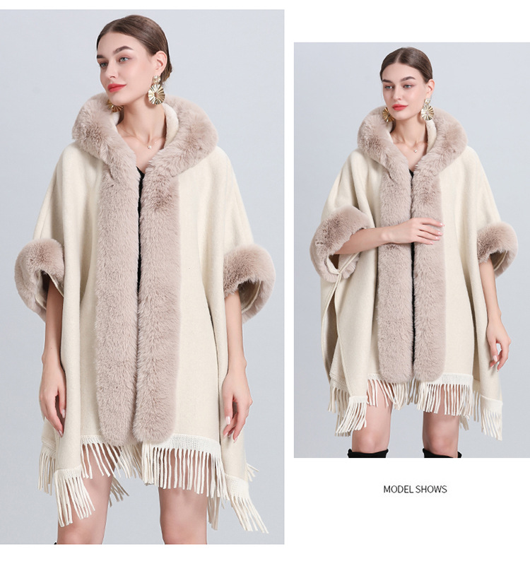 Shawl Snowflake and fleece thickened fur collar knitted shawl cape lady's woolen coat plus-size cardigan_voghion.com